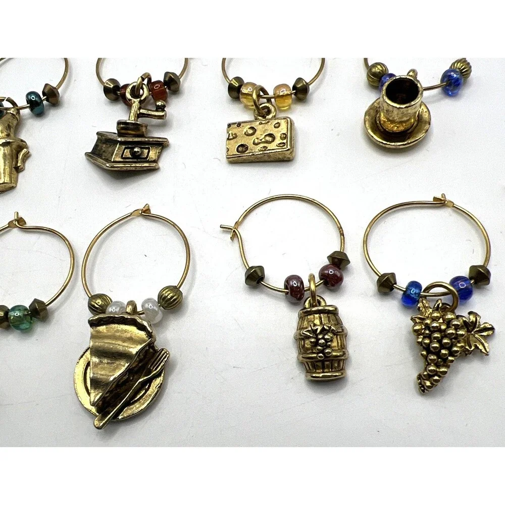 LOT of 10 Vintage Wine Glass Charms Gold Tone Metal Variety Themes